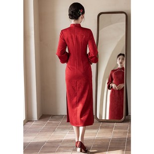 旗袍敬酒服新娘秋冬季加绒加厚新中式红色订婚衣服结婚礼服小个子