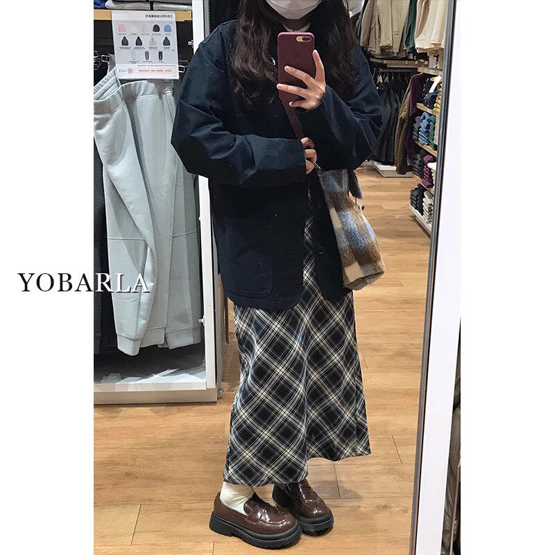 高腰格子半身裙女春秋大码胖mm遮肚子显瘦梨形身材中长款a字裙子
