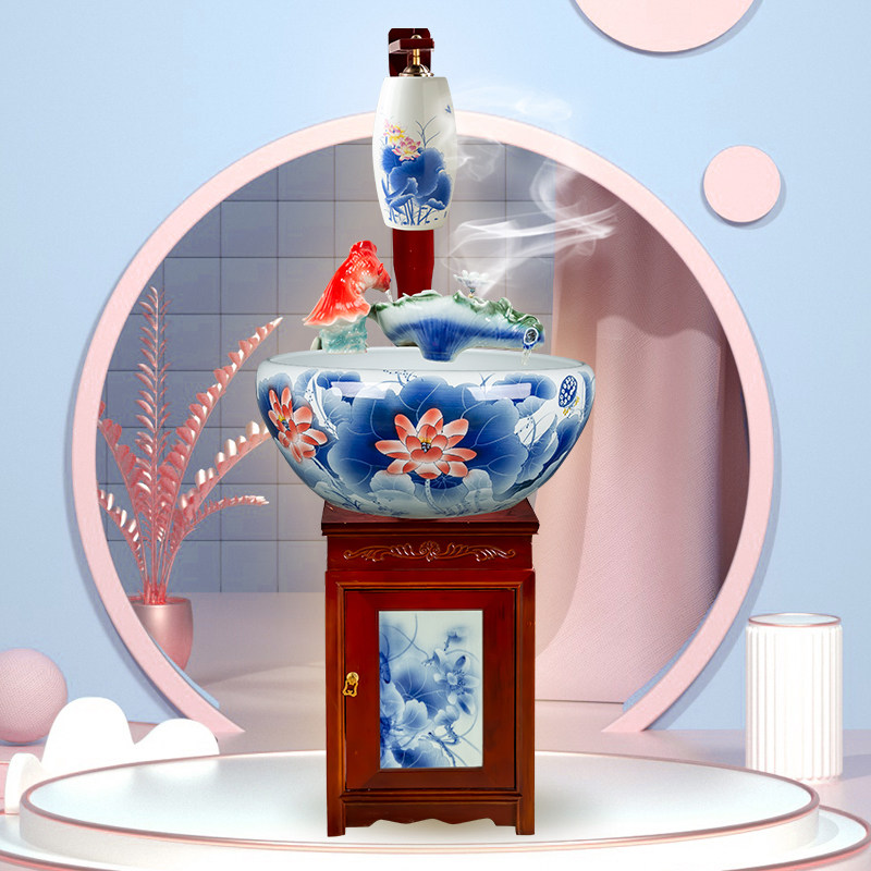 景德镇陶瓷鱼缸喷泉循环过滤加氧乌龟缸养龟箱大型家用酒店装饰品