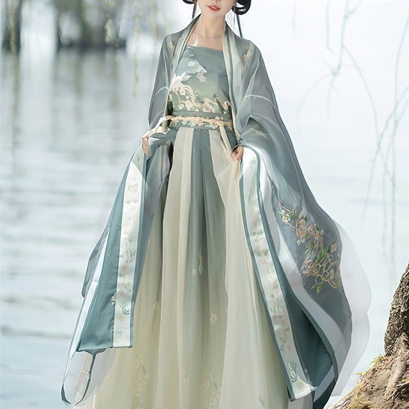 汉服女宋制渐变绣花对襟大袖衫吊带一片齐腰绣花渐变百褶裙秋夏季,女装/女士精品,汉服半身裙,淘宝优惠券,粉丝福利购,淘宝优惠卷