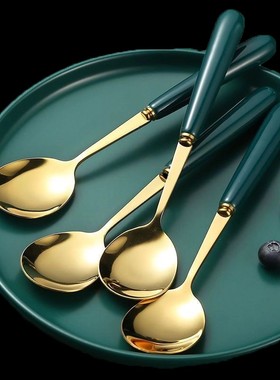 家用西瓜勺甜品勺咖啡勺北欧创意网红餐具墨绿色长柄高级感勺子