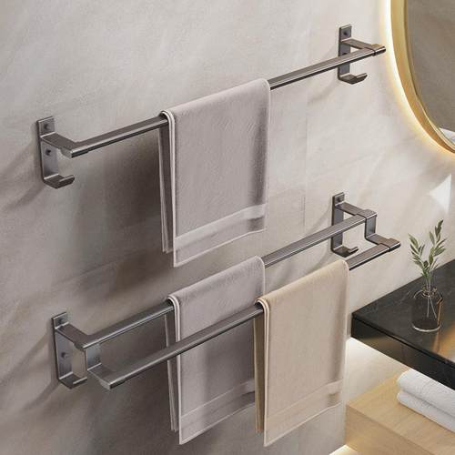 枪灰免打孔太空铝毛巾架毛巾杆单杆卫生间浴巾挂杆浴室双杆置物架