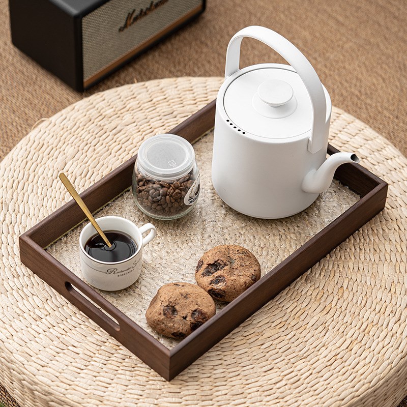 复古海棠花玻璃托盘家用长方形胡桃实木小茶盘杯子收纳水果点心盘