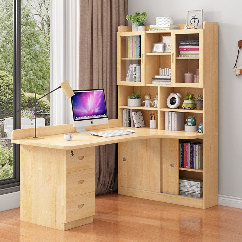 z%实木儿童转角书桌书架一体桌组合书柜写字桌学生家用小户型学习