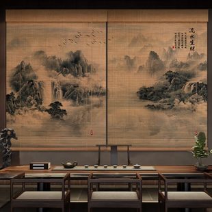 禅意印花竹帘卷帘遮阳遮光窗帘定制茶室门帘玄关隔断屏风帘 新中式