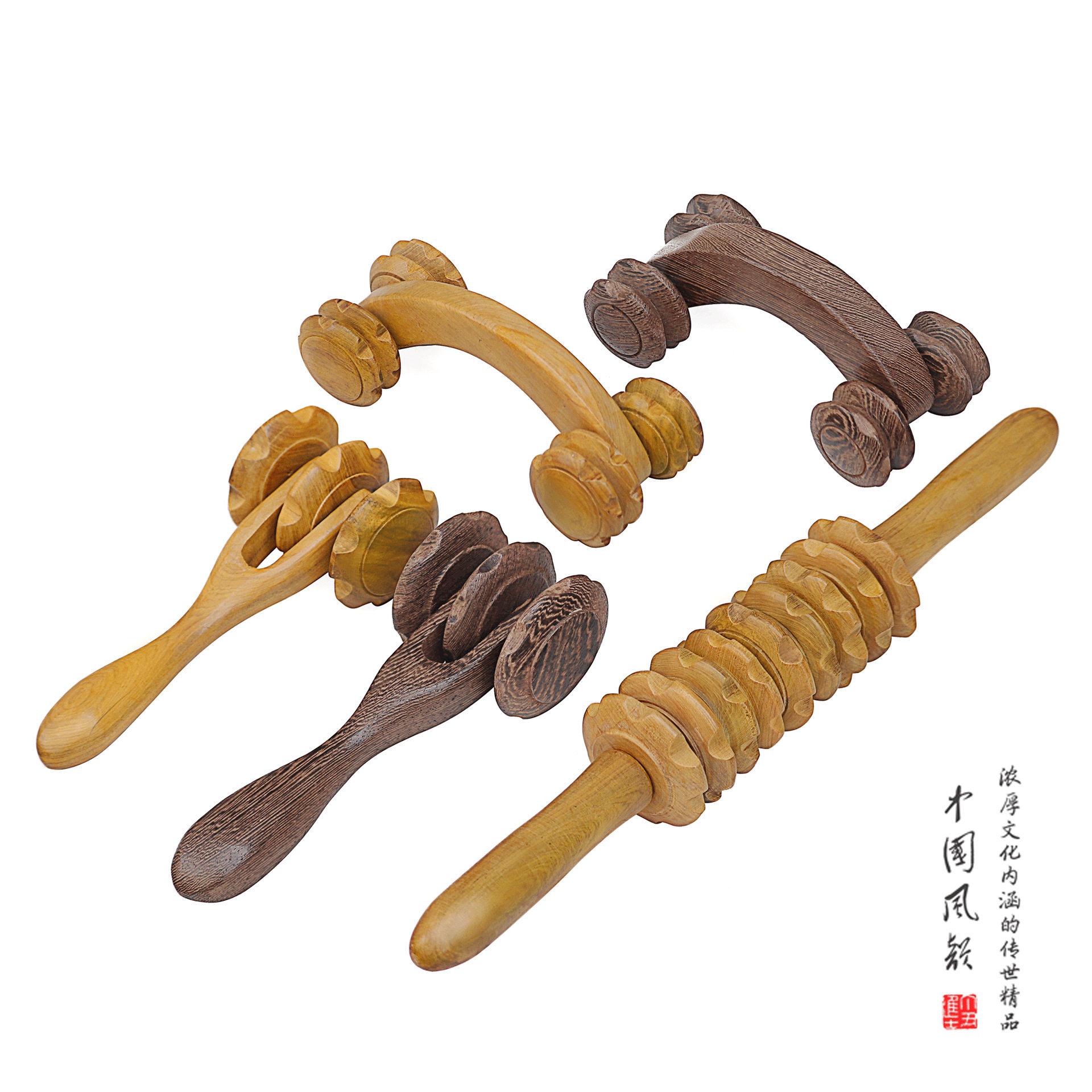 香木滚轮按摩器木质弯柄四轮滚动按摩器鸡翅木大三轮滚轮式按摩器