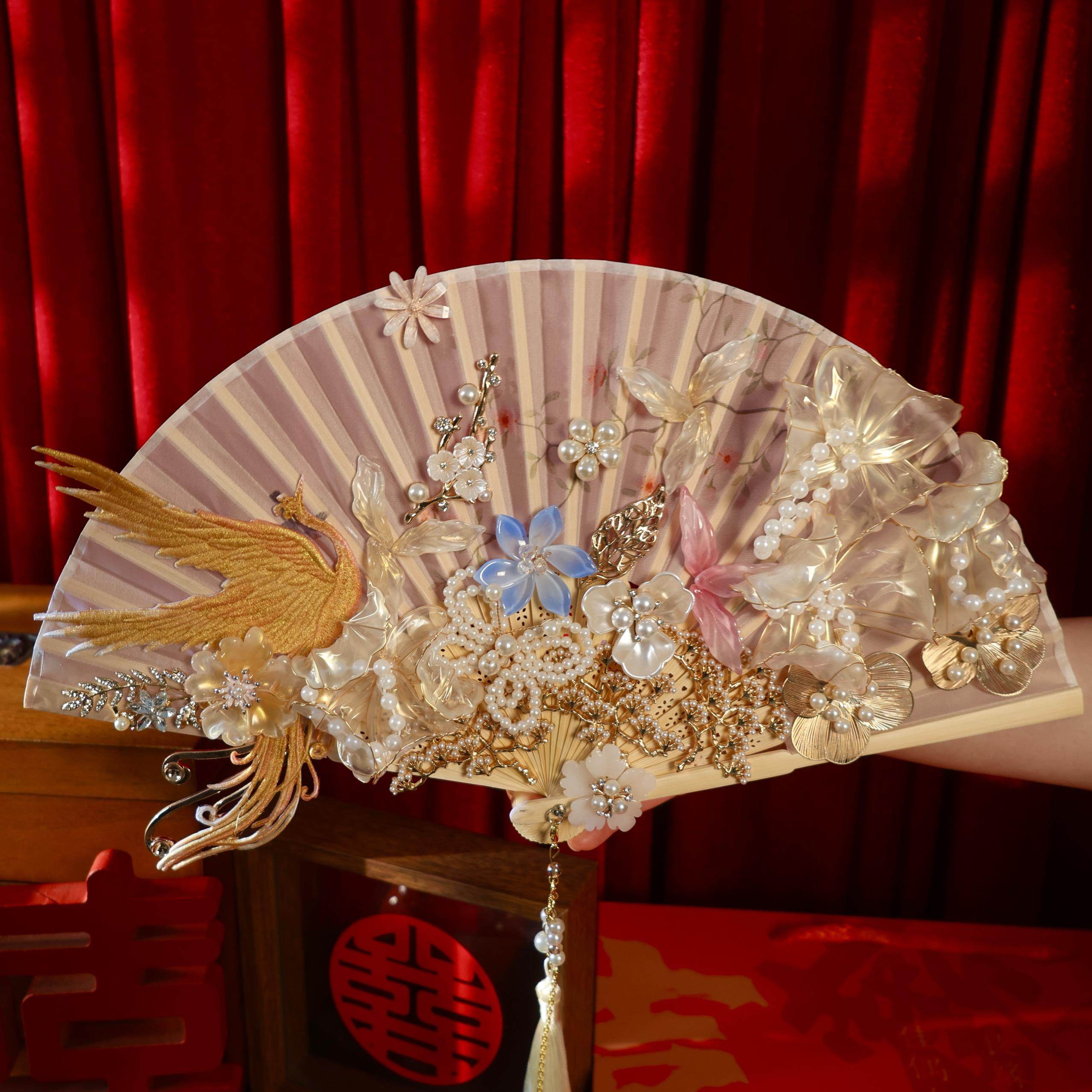 团扇手捧花新娘扇子成品晨袍结婚婚礼秀禾喜扇婚扇折扇手工高级感