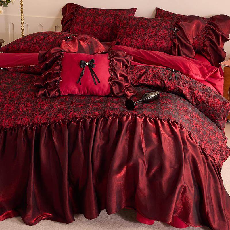 全棉提花玫瑰覆古结婚庆四件套长绒棉贡缎被套酒红公主风法式床品