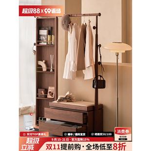 实木衣帽架落地卧室置物架带全身镜子黑胡桃家用穿衣镜挂衣架一体