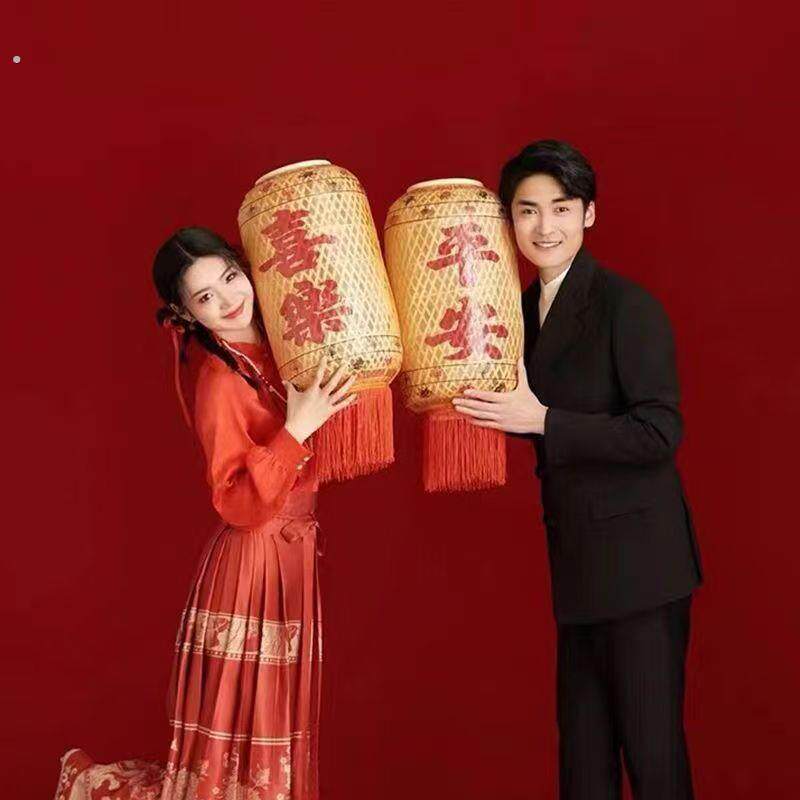新中式竹编喜字灯笼 婚庆道具汉服古风婚纱摄影道具创意灯笼