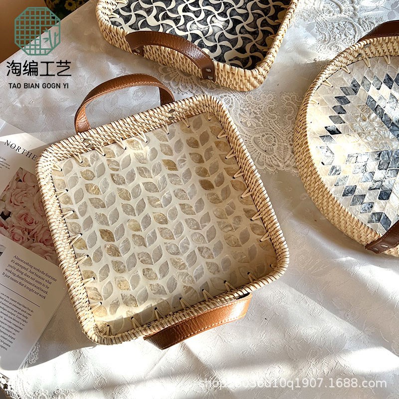 越南藤编贝壳托盘手提圆形点心餐盘家用酒店咖啡厅轻奢水果面包盘