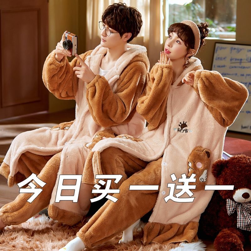 秋冬季加厚珊瑚绒情侣睡衣可爱女睡袍加绒男家居服套装长款浴袍AS