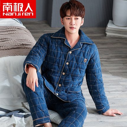 冬季男士睡衣秋冬款纯棉三层夹棉加厚加棉保暖中年爸爸家居服套装