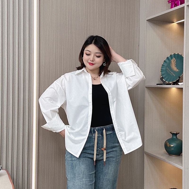 春装2024新款慵懒风宽松长袖衬衫女大码胖mm休闲显瘦翻领纯棉上衣