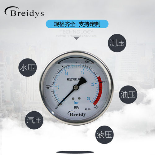 压力表YN100Z轴向耐震不锈钢气压油压液压高压真空压力表0-2.5mpa