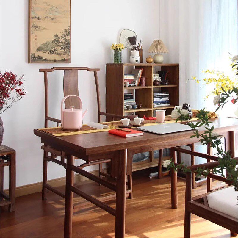 新中式实木茶台茶桌椅组合复古黑胡桃木客厅办公室书房茶室泡茶桌