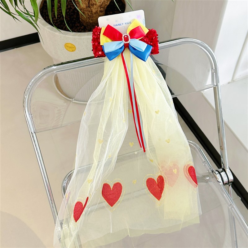 白雪公主网纱长头纱儿童发夹蝴蝶结飘带女童发箍cos手工精致发饰