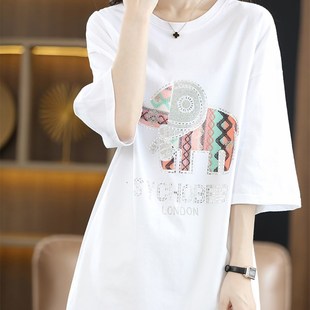 长款大t恤女遮臀七分袖纯棉白色夏落肩宽松打底衫短袖镶钻遮屁股