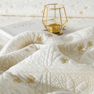 日式韩风梅花双面绣花绗缝被三件套纯棉波浪边床单床罩夹棉空调被