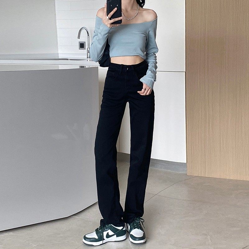 加绒黑色牛仔裤女烟管2021秋冬高腰显瘦气质修身筷子腿长直筒拖地