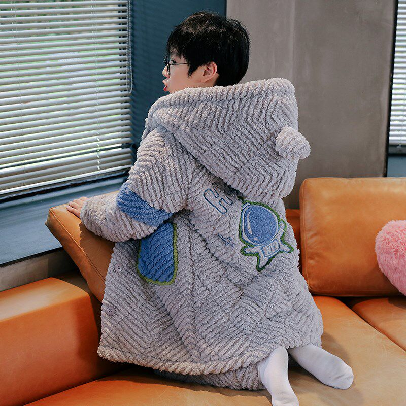 儿童睡衣男童男孩秋冬季三层夹棉家居服加绒加厚款2023新款睡袍浴