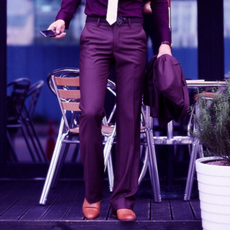 2020新品商务微喇叭西裤男士酒红色直筒阔脚西装裤英伦时尚大脚裤