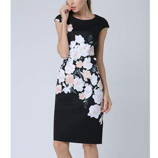 欧美大码花印女装无袖一步背心黑白碎花连衣裙棉质夏季青花瓷纯棉