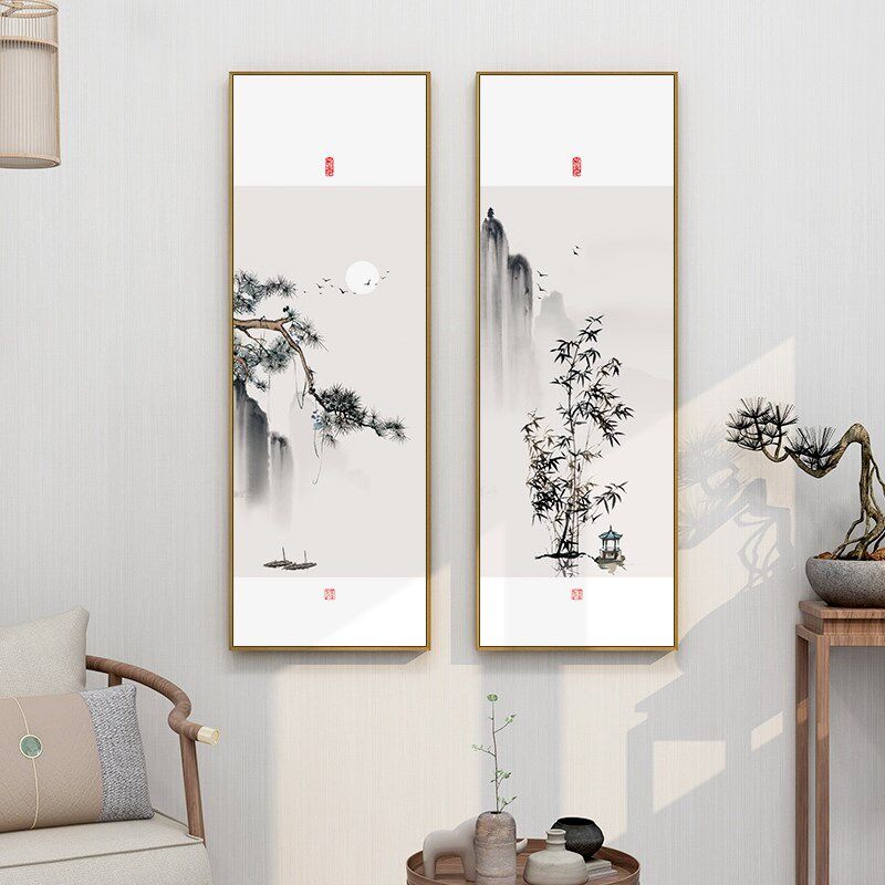 岁寒三友挂画新中式茶室客厅壁画装饰画松树竹子梅花风景山水网红