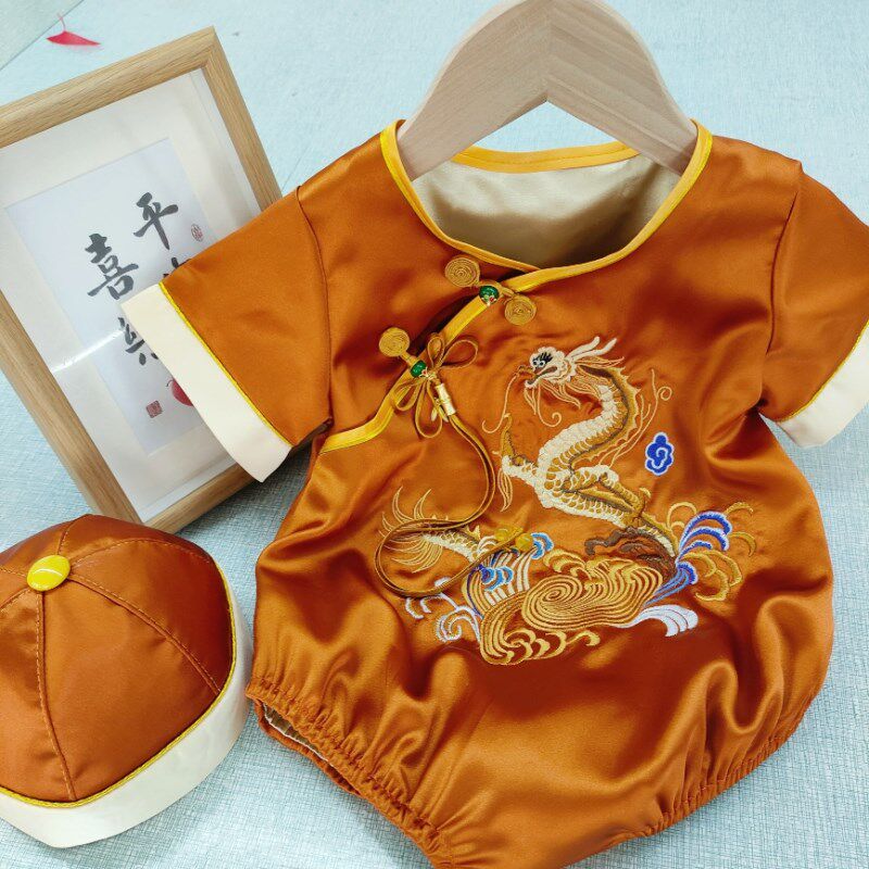 周岁礼服男宝宝婴儿百天满月宴新中式金色国风唐装包屁夏季薄款