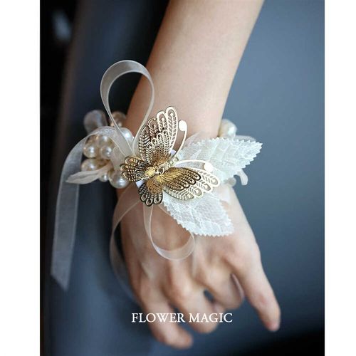 白色仙气蕾丝蝴蝶纱珍珠手串新娘伴娘姐妹团结婚礼手腕花