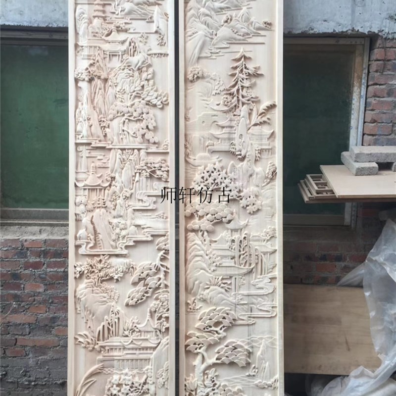 东阳木雕迎客松实木山水雕花板手工浮雕通花板玄关隔断背景墙定制