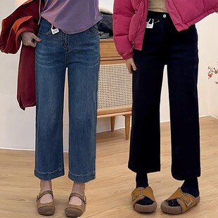 梨形身材复古蓝直筒牛仔裤女秋冬加绒胖妹妹mm高腰宽松显瘦阔腿裤