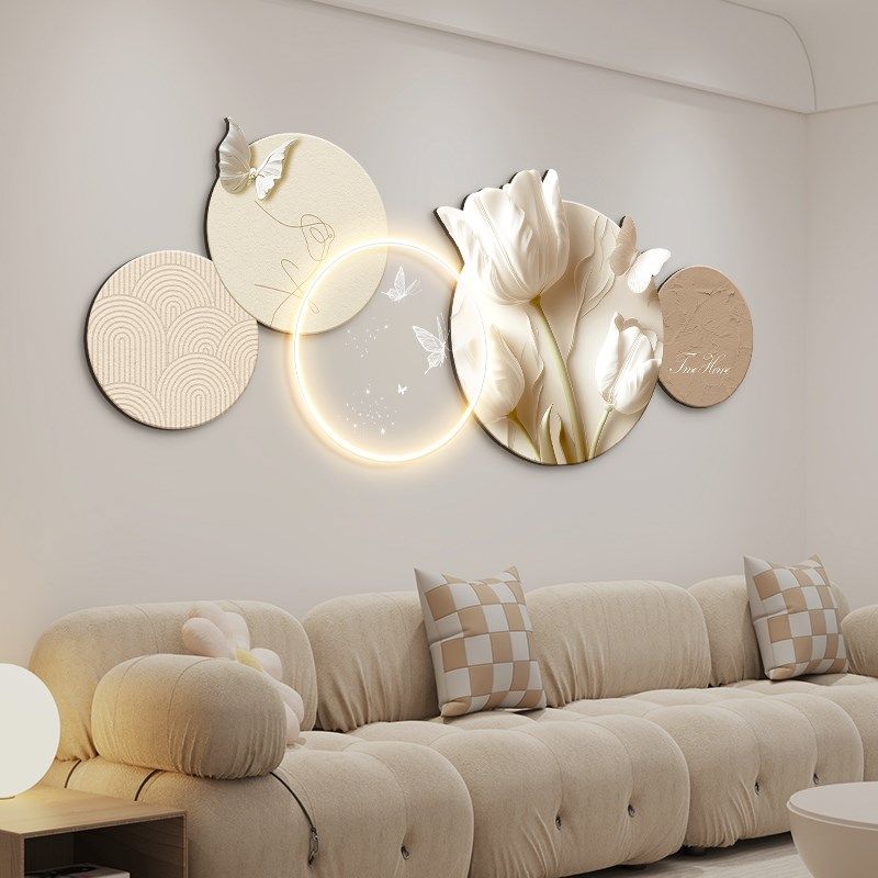 奶油风客厅装饰画抽象花卉沙发背景墙挂画轻奢高级感发光壁灯壁画