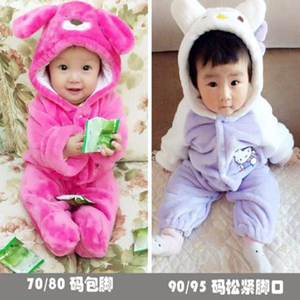 春秋款宝宝连体衣爬服法兰绒新生儿单层睡衣婴儿包脚保暖厚款外套