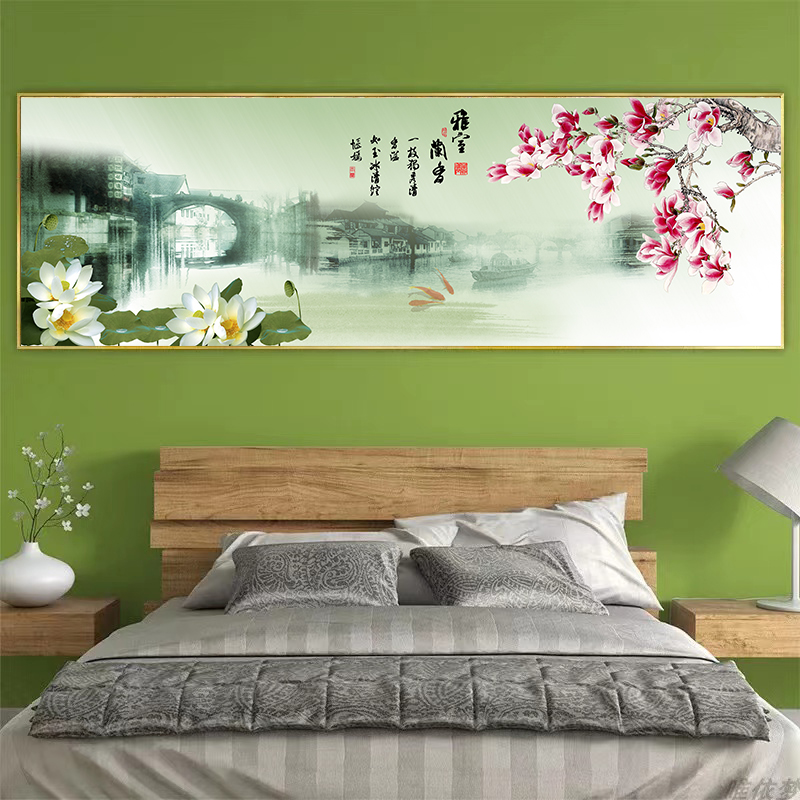 新中式桃花海棠梅花装饰画客厅沙发背景墙卧室床头挂画可自粘画芯