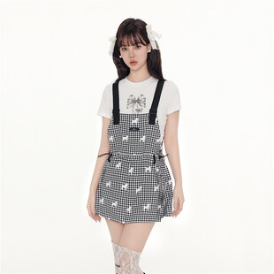FPMZ 小狗满印系列黑白格收腰百褶背带短裙抽绳显高短裤学院风女