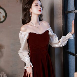 大气敬酒服新娘结婚订婚连衣裙酒红色高级感回门便装 小晚礼服裙女