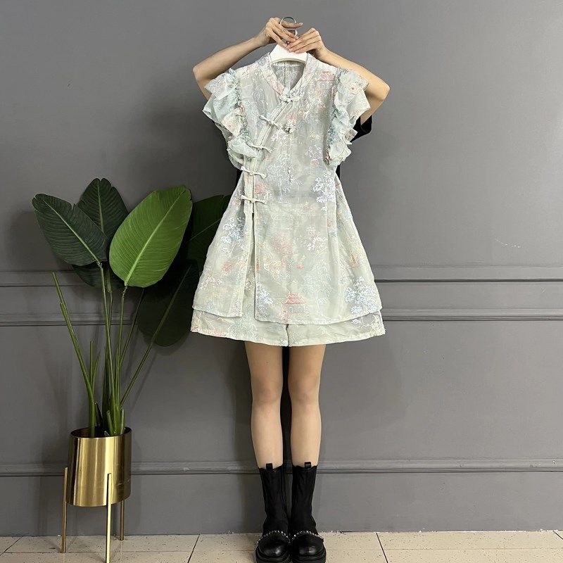 大码女装套装立领盘扣荷叶边短袖上衣短裤胖妹妹复古风洋气两件套,女装/女士精品,大码套装,淘宝优惠券,粉丝福利购,淘宝优惠卷