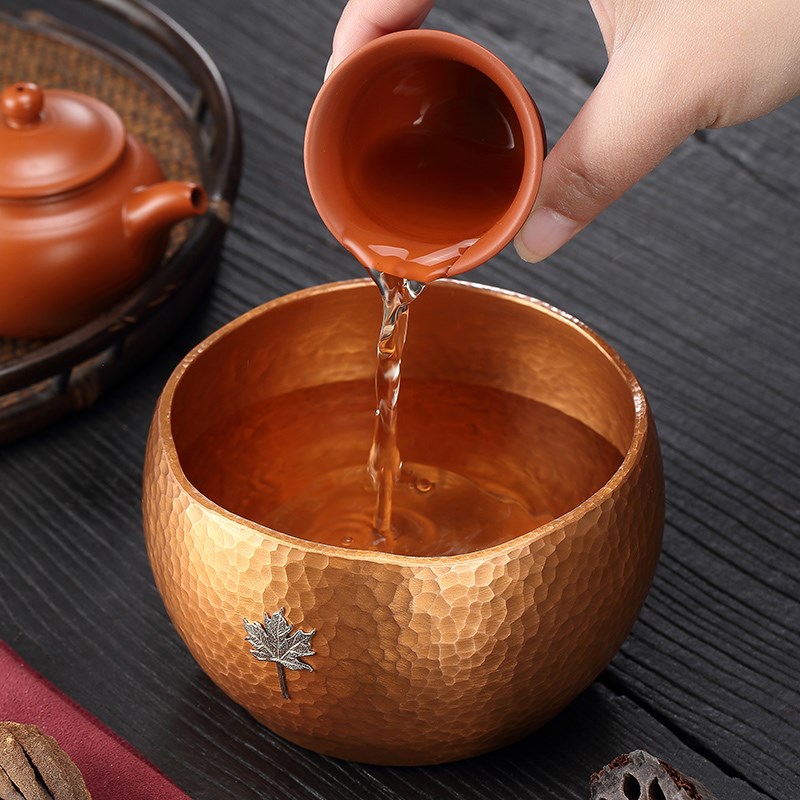 纯紫铜镶银茶洗建水家用茶洗小号茶盂桌面茶渣缸加厚水盂茶具配件