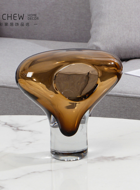 北欧复古轻奢咖色镂空家居玻璃摆件样板间酒店大堂餐厅烛台装饰品