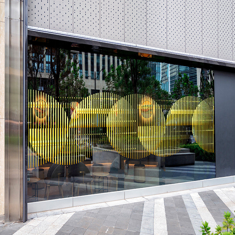店铺贴膜装饰中餐厅落地橱窗彩色画渐变静电创意展厅腰线防撞提示