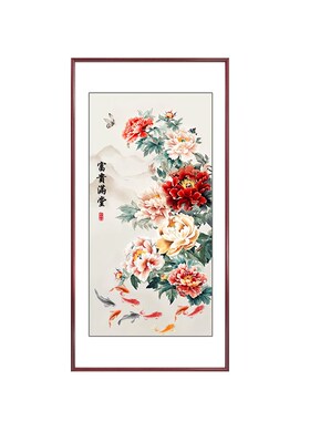 新中式入户玄关装饰画正对门寓意好挂画牡丹花过道走廊尽头挂画