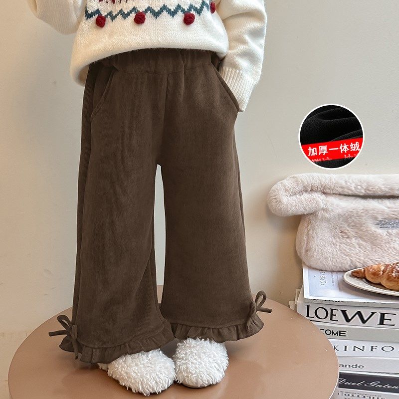 儿童裤子冬季加绒2025新款女童灯芯绒加厚阔腿裤一体绒冬装休闲裤