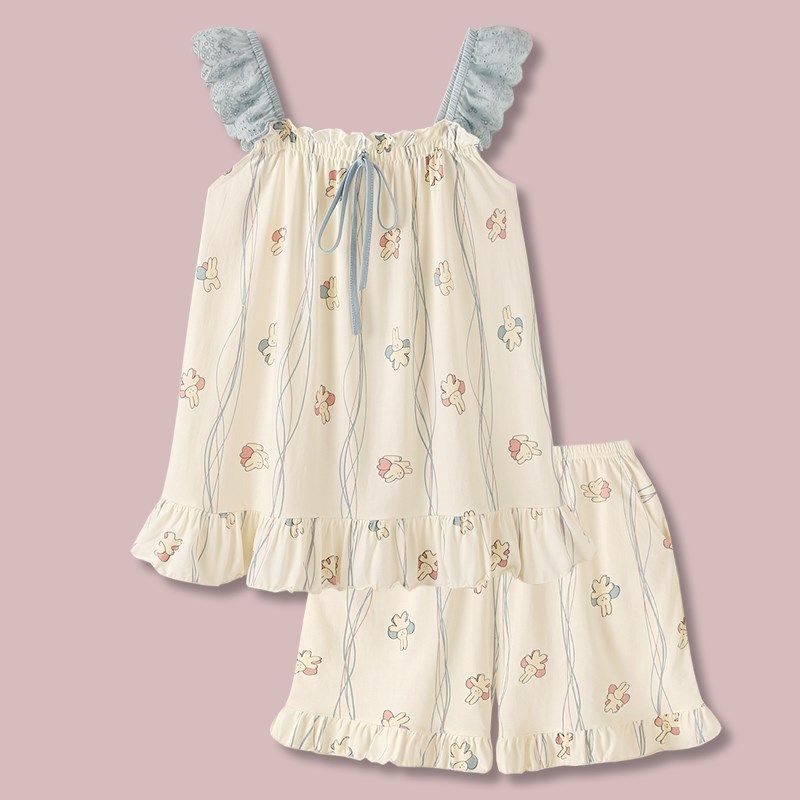 蝴蝶与兔卡通甜美凉感纯棉睡衣女款2024新款夏吊带家居服套装