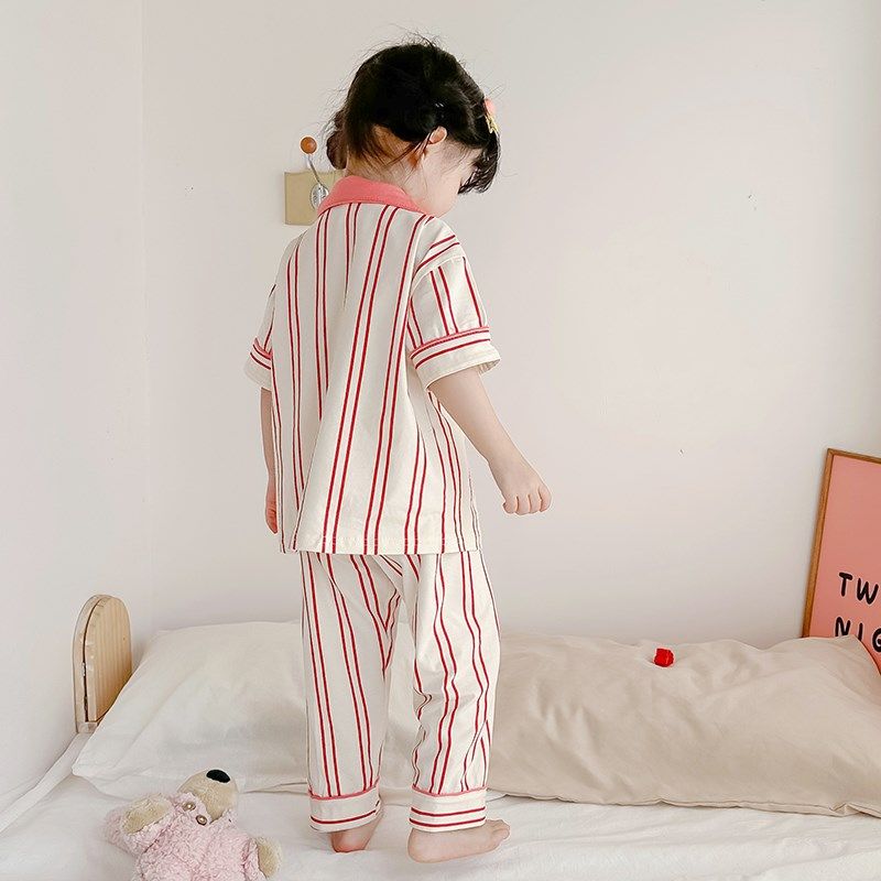 韩国女童家居服薄款女孩睡衣甜美夏天短袖长裤纯棉套装儿童空调服