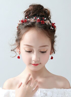 红色儿童头花饰品公主可爱女童发箍演出女孩生日森系花朵发饰皇冠