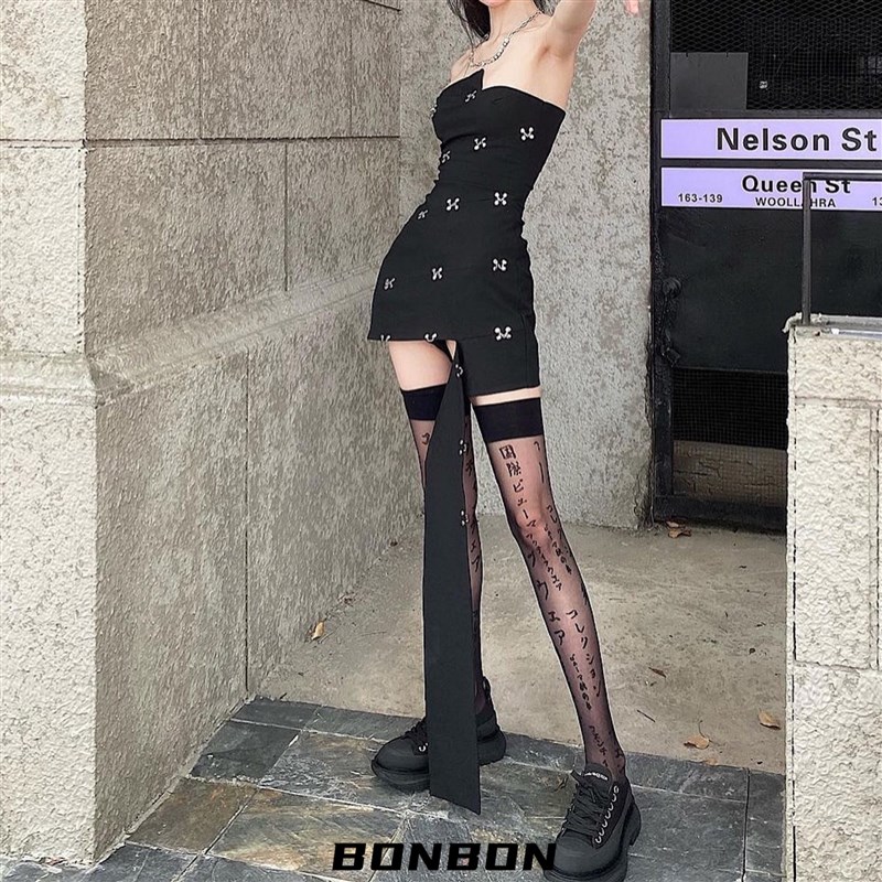 BON 复古千禧日文高筒袜辣妹丝袜日系少女JK袜黑白纯欲风连裤袜