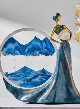 高级蓝色树脂舞女流沙画摆件创意艺术沙漏客厅酒柜电视柜装饰品