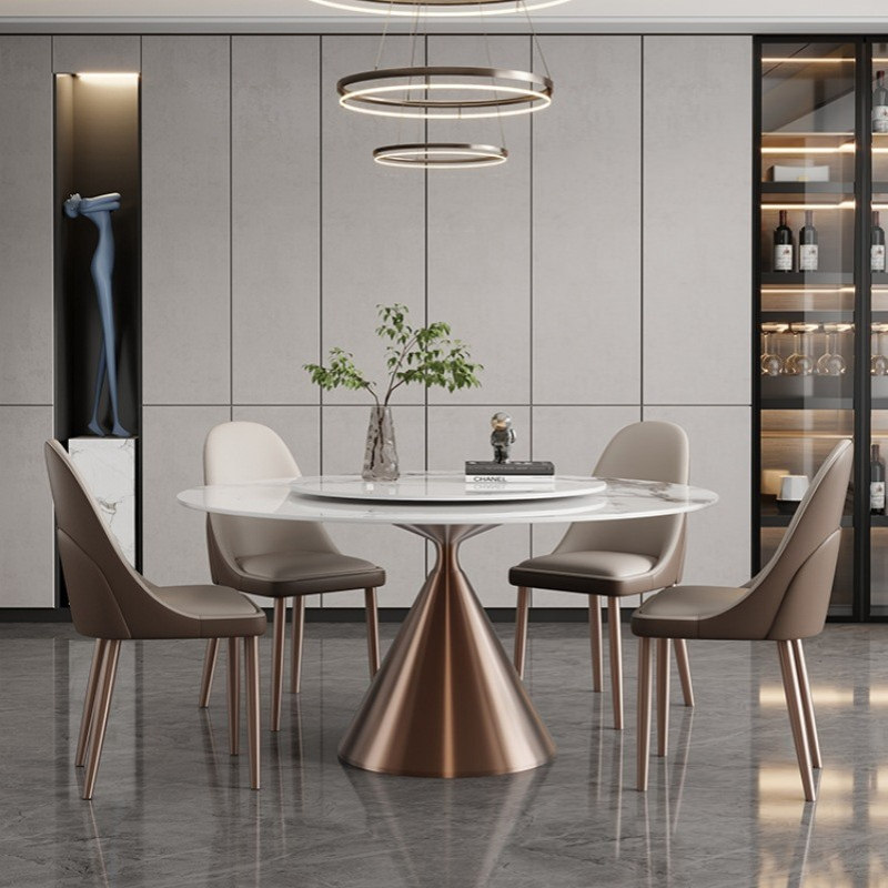 轻奢亮光岩板圆形餐桌玫瑰金内嵌转盘设计师款高端家用8/10人饭桌