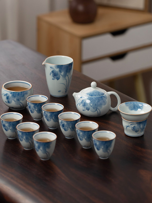 手绘青花釉下彩荷花茶具套装家用陶瓷功夫茶具成套茶壶茶杯盖碗